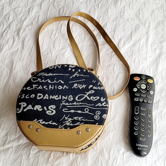 Small Canvas Circle Purse handbag Crossbody Purse With Mirror Blue Beige - Picture 9 of 9